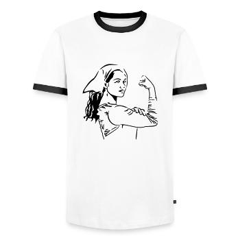 Femme fléchissant ses muscles (DDP, Femmes fortes) - T-shirt contrasté Homme - blanc/noir - Devant - AI Model Female 172 light (172cm) & AI Model Male 178 dark (178cm)