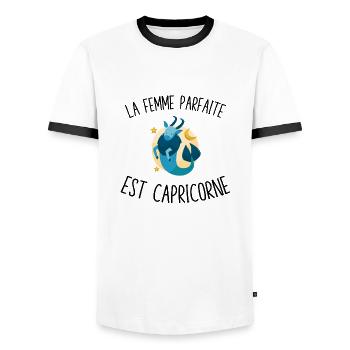 La femme parfaite est Capricorne - T-shirt contrasté Homme - blanc/noir - Devant - AI Model Female 172 light (172cm) & AI Model Male 178 dark (178cm)