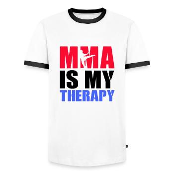 MMA Therapy - Men's Ringer Shirt - white/black - Front - AI Model Female 172 light (172cm) & AI Model Male 178 dark (178cm)