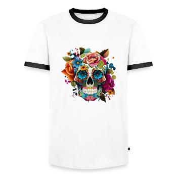 Totenkopf Blumen Bunt - Männer Kontrast-T-Shirt - Weiß/Schwarz - Vorne - AI Model Female 172 light (172cm) & AI Model Male 178 dark (178cm)