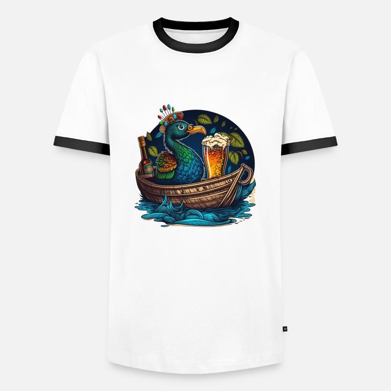Pfau im Boot mit Bierglas - Männer Kontrast-T-Shirt - Weiß/Schwarz