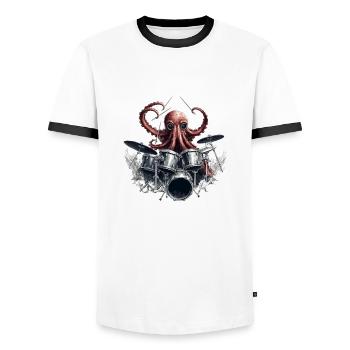 Drumtopus – The octopus with a beat in his blood - Men's Ringer Shirt - white/black - Front - AI Model Female 172 light (172cm) & AI Model Male 178 dark (178cm)