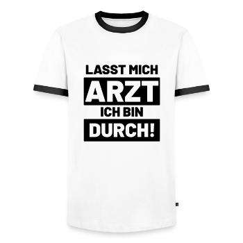 Lustige Sprüche lasst mich Arzt ich bin durch - Männer Kontrast-T-Shirt - Weiß/Schwarz - Vorne - AI Model Female 172 light (172cm) & AI Model Male 178 dark (178cm)
