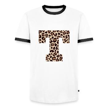 Letter T Leopard Pattern - Birthday Gift Idea - Men's Ringer Shirt - white/black - Front - AI Model Female 172 light (172cm) & AI Model Male 178 dark (178cm)