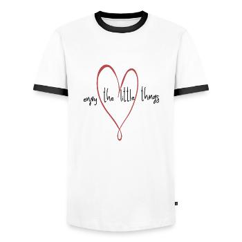 genieße die kleinen Dinge im Leben, Herz, Spruch - Männer Kontrast-T-Shirt - Weiß/Schwarz - Vorne - AI Model Female 172 light (172cm) & AI Model Male 178 dark (178cm)