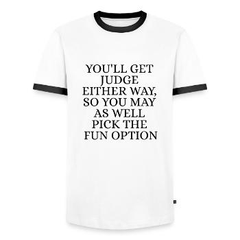 You'll get judge either way - T-shirt contrasté Homme - blanc/noir - Devant - AI Model Female 172 light (172cm) & AI Model Male 178 dark (178cm)