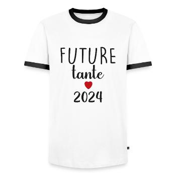 Future Aunt - 2024 - Men's Ringer Shirt - white/black - Front - AI Model Female 172 light (172cm) & AI Model Male 178 dark (178cm)