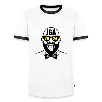 Enterrement de vie de garçon 2024 Enterrement de vie de garçon - T-shirt contrasté Homme - blanc/noir - Devant - AI Model Female 172 light (172cm) & AI Model Male 178 dark (178cm)