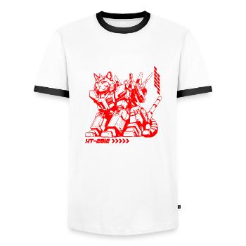 GUNDAM | CAT 01 - Men's Ringer Shirt - white/black - Front - AI Model Female 172 light (172cm) & AI Model Male 178 dark (178cm)