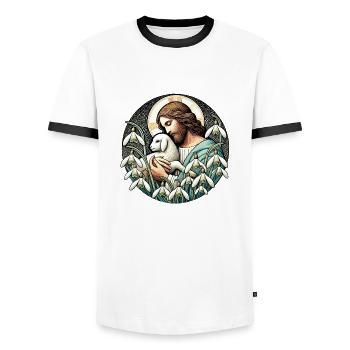 Jesus Christus, Er ist auferstanden, Ostersonntag - Männer Kontrast-T-Shirt - Weiß/Schwarz - Vorne - AI Model Female 172 light (172cm) & AI Model Male 178 dark (178cm)