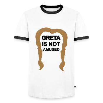 "Greta" is not amused. Auto, Diesel, Air Conditioning, USA - Men's Ringer Shirt - white/black - Front - AI Model Female 172 light (172cm) & AI Model Male 178 dark (178cm)