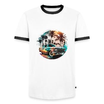 Lowrider im Sonnenuntergang mit Palmen am Strand - Männer Kontrast-T-Shirt - Weiß/Schwarz - Vorne - AI Model Female 172 light (172cm) & AI Model Male 178 dark (178cm)