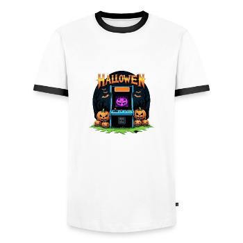 Games Ghost Ghost Halloween Pumpkin Bat - Men's Ringer Shirt - white/black - Front - AI Model Female 172 light (172cm) & AI Model Male 178 dark (178cm)