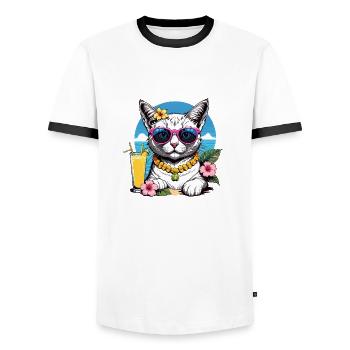 Cat Vacation Vacation Cat Vacation Hawaii Island Sea - Men's Ringer Shirt - white/black - Front - AI Model Female 172 light (172cm) & AI Model Male 178 dark (178cm)