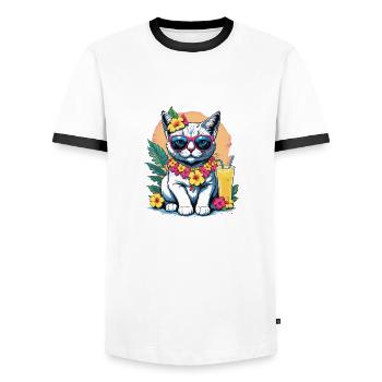 Cat Vacation Vacation Cat Vacation Hawaii Island Sea - Men's Ringer Shirt - white/black - Front - AI Model Female 172 light (172cm) & AI Model Male 178 dark (178cm)