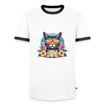 Cat Vacation Vacation Cat Vacation Hawaii Island Sea - Men's Ringer Shirt - white/black - Front - AI Model Female 172 light (172cm) & AI Model Male 178 dark (178cm)