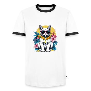 Cat Vacation Vacation Cat Vacation Hawaii Island Sea - Men's Ringer Shirt - white/black - Front - AI Model Female 172 light (172cm) & AI Model Male 178 dark (178cm)