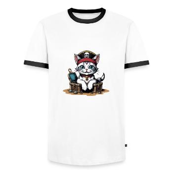Pirate Cat Funny Kids Shirt Gift Pirate - Men's Ringer Shirt - white/black - Front - AI Model Female 172 light (172cm) & AI Model Male 178 dark (178cm)