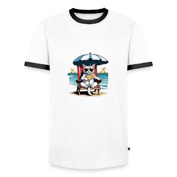 Cat Vacation Vacation Cat Vacation Hawaii Island Cat - Men's Ringer Shirt - white/black - Front - AI Model Female 172 light (172cm) & AI Model Male 178 dark (178cm)