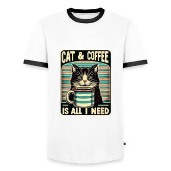 Katze und Kaffee ist alles was ich brauche - Männer Kontrast-T-Shirt - Weiß/Schwarz - Vorne - AI Model Female 172 light (172cm) & AI Model Male 178 dark (178cm)