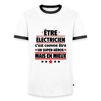 Être électricien, c'est mieux qu'un super-héros - T-shirt contrasté Homme - blanc/noir - Devant - AI Model Female 172 light (172cm) & AI Model Male 178 dark (178cm)