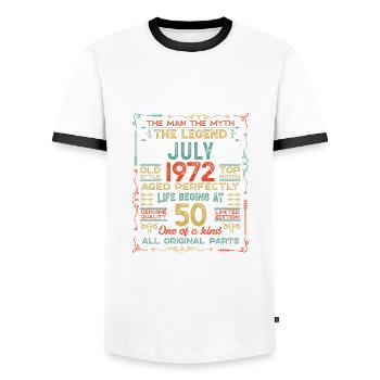 July 1972 - 50th birthday gift. Awesome. - Men's Ringer Shirt - white/black - Front - AI Model Female 172 light (172cm) & AI Model Male 178 dark (178cm)