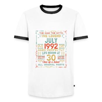 Juillet 1992 - Cadeau d’anniversaire du 30 juillet. Génial. - T-shirt contrasté Homme - blanc/noir - Devant - AI Model Female 172 light (172cm) & AI Model Male 178 dark (178cm)