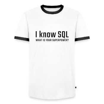 I know SQL - Men's Ringer Shirt - white/black - Front - AI Model Female 172 light (172cm) & AI Model Male 178 dark (178cm)