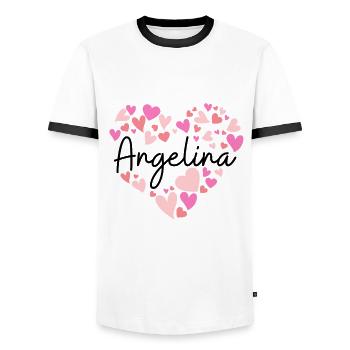 J’aime Angelina - cœurs pour Angelina - T-shirt contrasté Homme - blanc/noir - Devant - AI Model Female 172 light (172cm) & AI Model Male 178 dark (178cm)