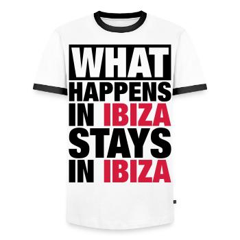 What Happens in Ibiza Stays in ibiza - Men's Ringer Shirt - white/black - Front - AI Model Female 172 light (172cm) & AI Model Male 178 dark (178cm)