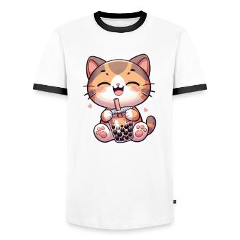 Katzen trinken Bubble Tea kawaii Boba Katze - Männer Kontrast-T-Shirt - Weiß/Schwarz - Vorne - AI Model Female 172 light (172cm) & AI Model Male 178 dark (178cm)