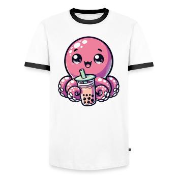 Octopus Drinking Bubble Tea kawaii Boba Octopus - Men's Ringer Shirt - white/black - Front - AI Model Female 172 light (172cm) & AI Model Male 178 dark (178cm)