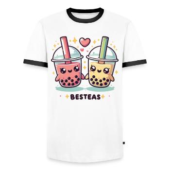 Best-Teas cute kawaii bubble tea boba tea - Men's Ringer Shirt - white/black - Front - AI Model Female 172 light (172cm) & AI Model Male 178 dark (178cm)