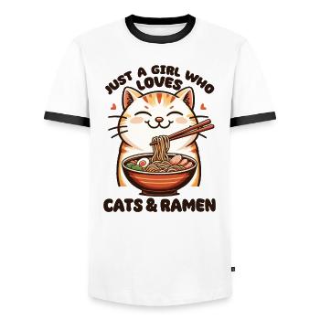 Cat with noodles ramen kawaii cat - Men's Ringer Shirt - white/black - Front - AI Model Female 172 light (172cm) & AI Model Male 178 dark (178cm)