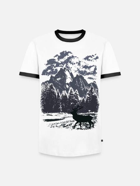 Bergwald und Rothirsch (Blau) - Männer Kontrast-T-Shirt - Weiß/Schwarz