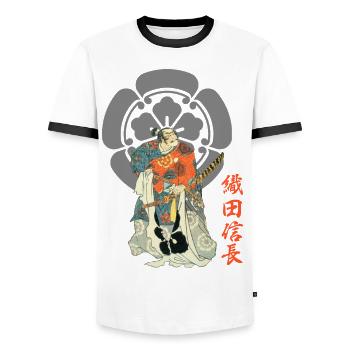 Oda Nobunaga, kanji and mon of the Oda clan - Men's Ringer Shirt - white/black - Front - AI Model Female 172 light (172cm) & AI Model Male 178 dark (178cm)