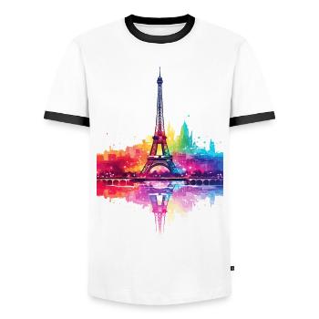 Paris, France, City, Skyline, Eiffel Tower, Art - Men's Ringer Shirt - white/black - Front - AI Model Female 172 light (172cm) & AI Model Male 178 dark (178cm)