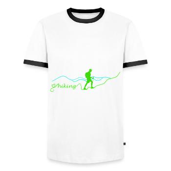Hike Tramp Roam Walk Trek Wander Nature Mount Gift - Men's Ringer Shirt - white/black - Front - AI Model Female 172 light (172cm) & AI Model Male 178 dark (178cm)
