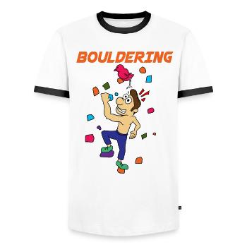 Bouldering Bouldern Artificial Climbing Sport Gift - Men's Ringer Shirt - white/black - Front - AI Model Female 172 light (172cm) & AI Model Male 178 dark (178cm)