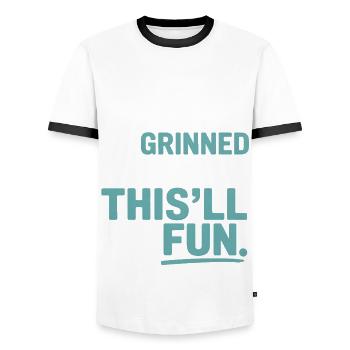 When God made me, he grinned! - Men's Ringer Shirt - white/black - Front - AI Model Female 172 light (172cm) & AI Model Male 178 dark (178cm)