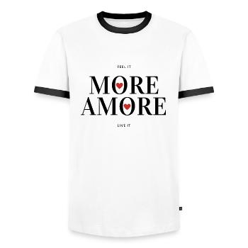 More Amore - More love and less hate - Men's Ringer Shirt - white/black - Front - AI Model Female 172 light (172cm) & AI Model Male 178 dark (178cm)