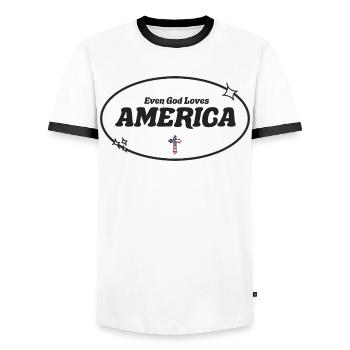 Sogar Gott betet Amerika an - Männer Kontrast-T-Shirt - Weiß/Schwarz - Vorne - AI Model Female 172 light (172cm) & AI Model Male 178 dark (178cm)