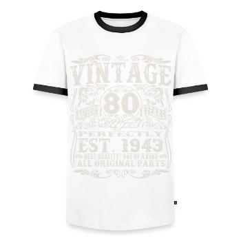 1943 geboren - 80 Jahre alt - Männer Kontrast-T-Shirt - Weiß/Schwarz - Vorne - AI Model Female 172 light (172cm) & AI Model Male 178 dark (178cm)