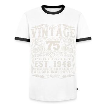 né en 1948 - 75 ans - T-shirt contrasté Homme - blanc/noir - Devant - AI Model Female 172 light (172cm) & AI Model Male 178 dark (178cm)