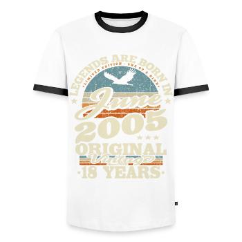 Born in Juni 2005 - 18 years old - Men's Ringer Shirt - white/black - Front - AI Model Female 172 light (172cm) & AI Model Male 178 dark (178cm)