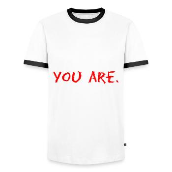 Meme saying self-confidence ugly beauty - Men's Ringer Shirt - white/black - Front - AI Model Female 172 light (172cm) & AI Model Male 178 dark (178cm)