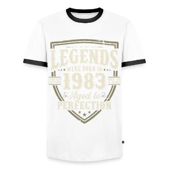 Les légendes sont nées en 1983 - T-shirt contrasté Homme - blanc/noir - Devant - AI Model Female 172 light (172cm) & AI Model Male 178 dark (178cm)