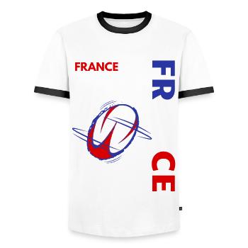France Rugby Supporters,Rugby France - Men's Ringer Shirt - white/black - Front - AI Model Female 172 light (172cm) & AI Model Male 178 dark (178cm)