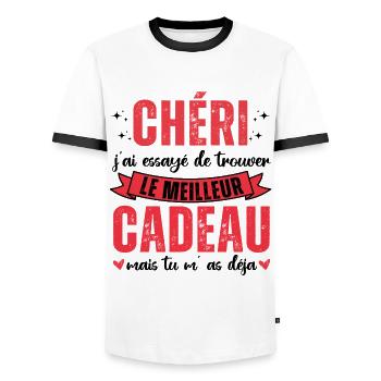 Chéri tu m' as déja humour Saint-Valentin cadeau - T-shirt contrasté Homme - blanc/noir - Devant - AI Model Female 172 light (172cm) & AI Model Male 178 dark (178cm)