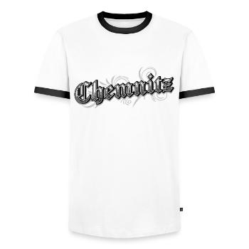 Chemnitz East Germany Vintage Look - Men's Ringer Shirt - white/black - Front - AI Model Female 172 light (172cm) & AI Model Male 178 dark (178cm)